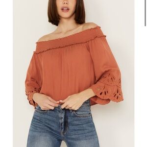 SHYANNE WESTERN WOMEN'S ORANGE EMBROIDERED CUT OUT OFF THE SHOULDER TOP